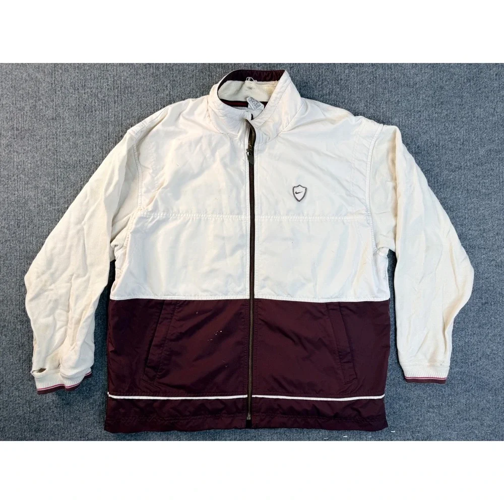 Nike Mens Medium Windbreaker Jacket Cream Maroon Full Zip Vintage Y2K